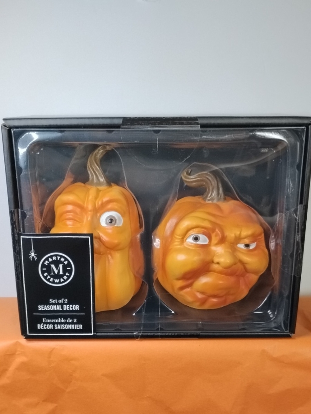 Martha Stewart Halloween Orange Pumpkin Anthropomorphic Face Resin Set of 2